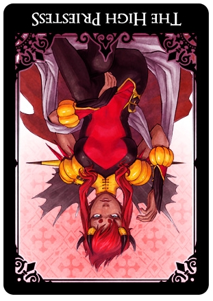 The reverse High Priestess - a difficult fortune to pinpoint. She can be a symbol of the negative side of your personality that no one sees, and even you might be unaware of. If you accept the Shadow within you, its powers will be yours...