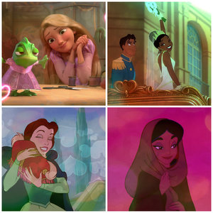  1: Rapunzel 2: Tiana 3: Belle 4: জুঁই 5: মুলান 6: Snow White 7: Pocahontas 8: Aurora 9: সিন্ড্রেলা 10: Merida 11: Ariel