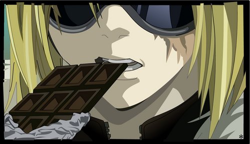  Mello from Death Note is always seen eating chocolate. cokelat is a type of candy, no?