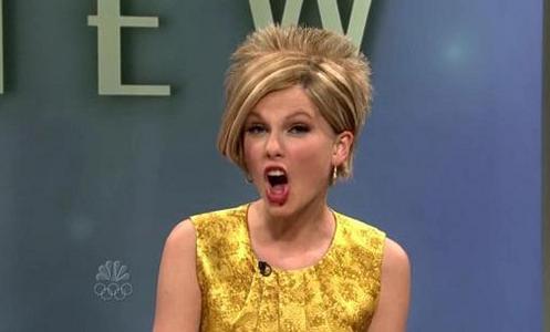 Taylor making a funny face as she spoofs Kate Gosselin on SNL.
