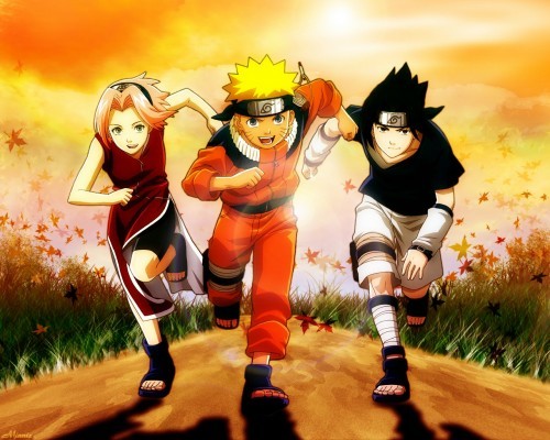 here's Naruto Sasuke & Sakura running 
It's a Wallpaper