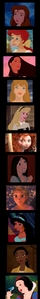  1) Belle 2) Ariel 3) Pocahontas 4) Cinderella 5) Aurora 6) Merida 7) Mulan 8) Rapunzel 9) جیسمین, یاسمین 10) Tiana 11) Snow White