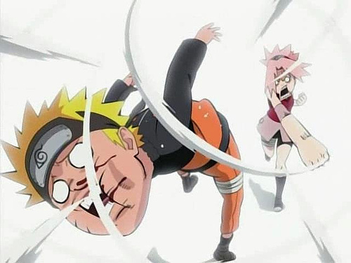 Don't know if this counts, but Naruto (Naruto/Naruto Shippuden) is often hit by Sakura. 