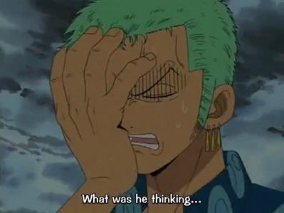  Zoro (One Piece) facepalms at Luffy's usual stupidity.