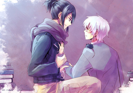 Nezumi and Shion from NO. 6 manga & anime. They are my favorite yaoi couple because they truly and deeply fall for each other. Nezumi's line "I have fallen," is one of the most heart clenching moments in anime for me. 


Image is "Heartbeat" by Lancha on deviantART
