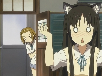 Mio (K-on) wearing cat ears although she didn't want anyone to see it but Ritsu saw it anyway!