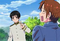  Japon Is currently making the peace sign the Person/Country standing suivant to him is Italy From Hetalia.