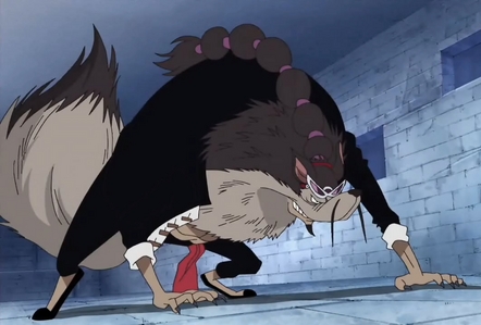  Jabra (One Piece) he ate the lobo lobo frutas (Devil Fruit) so he can turn to lobo when ever he wants and have all the powers of a wolf...........he is funny....but also very cunning as a wolf.........he he he he he