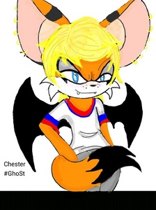  Name: Chester the foxbat! Despite this picture and the look he has on his face he's actually very sweet. He's also gay and is blind, he has a twin brother whose name is lucifer who is kind of just a straight up keldai and acts much like the way he's named. He's also one of my most oblivious kind of characters.
