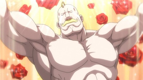 I think That Armstrong from FMA is funny, he always strips his uniform and shows his muscles and he is sourounde by roses....