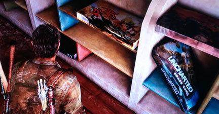 The Last of Us, the game from Naughty Dog, made references from other Naughty Dog games like Jak & Daxter and Uncharted.

It was when the characters went into an abandoned toy store, and on the shelves you could see board games titled 'Jak & Daxter' and 'Uncharted' (as seen in this pic). Also some unlockable clothes are references of Naughty Dog games.

Naughty Dog does that a lot though, making small references to their previous games in every single title they make :) Their style of each game is reminiscent of other titles especially when it comes to the wit of dialogue in cutscenes.