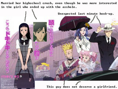  Paradise Kiss. The girl on the far left dated the guy in the hat; he got her into the fashion business. They break up at the end; he (whom is bisexual) goes overseas with the crossdresser who has a crush on him. The school girl marries her highschool crush, whom is a minor character for most of the জাপানি কমিকস মাঙ্গা & was আরো interested in that পরাকাষ্ঠা haired chick, who should have dumped the blonde jerk after he raped her. There was a live action movie that decided to change the ending দ্বারা hooking the two protagonists up together....I found it disrespectful to the উৎস material. Also disrespectful was that they didn't even do so much as a half assed attempt at making the actors look like the জাপানি কমিকস মাঙ্গা characters. I understand that the জীবন্ত had kind of a non-ending & apparently got a few hair রঙ wrong...Never finished it.