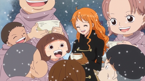 Nami (One Piece) loves children and tries to help them even though she doesn't has to (and she's very popular with them)