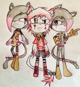 (The guy in the middle)
Name: nico
Gender: male
Species: cat
Age: 15
Personality: um he's curious, funny, and adventurous
Good, Bad, or neutral: good 
Powers/Skills: he had the ability to extend his claws which let him rip or tear or climb anything 

(Person on the left)
Name: Aadi
Gender: female
Species: Clock (Clocks are basically people who have a clock instead of a heart and the clock/heart always stays at the same pace no matter what. When a Clock dies all that remains of the person is their clock/heart until it's fix the person can't come back to life. And Clocks can change their physical state to child, teen, and adult at will)
Age: she's immortal but physical 17
Personality: secretive, smart, and nice (when you get to know her until then she's rude and sarcastic to everyone) over confident 
Good, Bad, or Neutral: good
Powers/Skills: she has the ability to erase or create or read memories. She mostly fights with her dagger. Turns into child, teen, or adult at will. 

(Guy on the right)
 Name: Aali 
Gender: male
Species: Clock (same as Aadi's)
Age: Immortal but physical 17
Personality: sly, mischievous, secretive, nice (but have to get to know him otherwise he's a jerk to you)  
Good, Bad, or Neutral: good 
Powers/Skills: had the ability to control blood. fights with dagger and able to change from child, teen, and adult at will.
(Btw Aadi and Aali are twins and their daggers turn into their Teddy bears if they lose their Teddy bears it isn't very pretty I'll send you a link of their Teddy bears later)