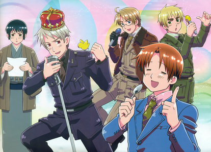In this photo from left to right: Japan, Prussia, America, Italy, England. :) Let's Sing Hetalia