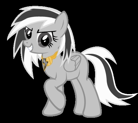  Can u make mine? Her Cutie mark is a black wolk and there is light blue rain coming out of the cloud, she has SMALL eyelashes (3 of them on her top, boven eyelid).Oh, and also her mane and tail look meer like RD's, not how they look in the picture, anyway, Thanks! (Also u can ignore the thing around her neck) (her mane is black and whit, her eyes are gray, her jas is light gray, and she as 3 dark gray dots on the bottoms of each of her hooves) (Also can u make her smiling and standing on a cloud? If it's not too much trouble... thanks again)