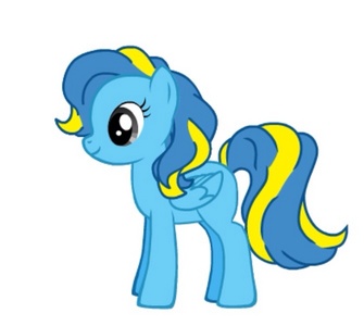 She's a blue pegas named Heartsong. She's a crystal ponie. She is a stubborn as Rainbow Dash but kind and fair. Likes to sing, dance and mess with Discord. Has a heart with a song note in it as a cutie mark.
