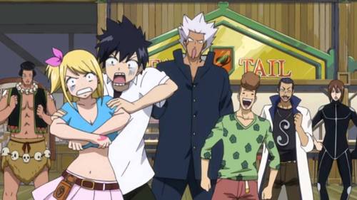  Fairy Tail in Fairy Tail 日本动漫 there was one episode a magic which changed everyone's gender........he he eh in this pic both Lucy and Gray both swaped their bodies......eh eh eh later it happened in entire guild...........eh he he he in this pic Gray inside lucy trying to remove lucy's 衬衫 and lucy inside gray trying to stop him.........eh eh eheh