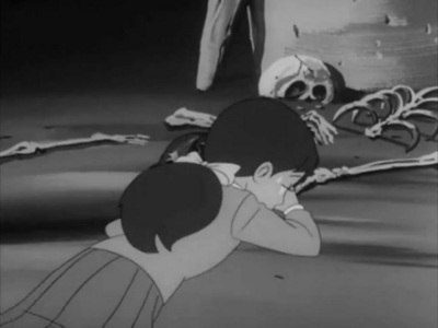  This scene from episode #32 of the 1968 animé "Gegege no Kitaro." The girl Hanako found the remains of her mom & dad on an island she traveled with Kitaro, his father and Nezumi-Otoko (Rat-Man). The couple had died during the war - WWII I think. They found the father's journal and read the last pages.