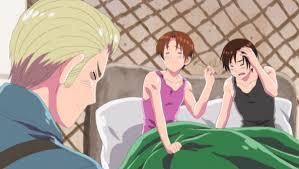 Hetalia Axis Powers and what my friends and I refer to as "The Phone Call". I'm gonna leave out the awkward details and just say that Germany (the blonde guy) interpreted a call from Italy (lighter brown-haired guy) and his brother Romano (darker brown-haired guy) wrong.