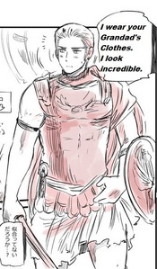  alright here this is what it means: this picture is of aph germany dressed like a roman on halloween. the "grandad" thing is referring to aph italy's grandfather, who actually was the Hetalia personification of rome and dressed pretty much just like that. and someone edited macklemore lyrics into it and yeah