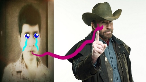  I have Опубликовано Uaan crying and licking Chuck Norris with a snake tongue. Also forgive the fact that I made his eyes blue despite not actually knowing the color of them. I was just guessing since none of his pictures are in color.
