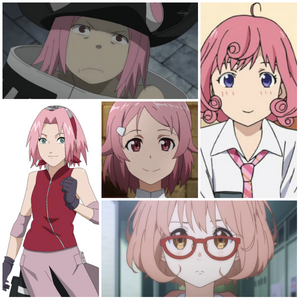  sakura from Naruto and kofuku from Noragami (her hair is not really really light rose but i think it's light enough :P ) also there's mizune i guess u can count her as a girl lisbeth from sao mirai from kyoukai no kanata (idk if her hair counts as rose - _ - ) sorry this is plus than one pic