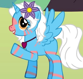 - What's your name?  
Candy Sunshine


- Do you know why you're called like that? 
yes. its because i can only make sunshine shaped candy


- Are you single or taken? 
um *blushes* well. i do like some pony.


- Any abilities? 
making sunshine shaped candies ^///^


- What is your cutie mark and what does it mean? 
my cutie mark is a sunshine with a candy inside. well, thats what its supposed to be anyway.


- Any distinguishing features? (three eyes, eyepatch, broken horn, etc.) 
no... does a flower count? *squee*


- Whats your eye color? 
yellow, or orange. not sure if its yellow or orange.


- Mane color? 
white like snow :D or white dogs or white cats.


- Coat color? 
blue like the ocean or the sky.


- Any family members? 
gem sunshine and dr. sunshine. my siblings live somewhere else, they are dad and mom.


- Pets?
 i do have a dog that never comes out in my story :( i hope u get to meet her soon in my other story.


- Anything you hate? 
making mistakes, bugs, gross things, umm... thats about it.


- Ever hurt anypony? 
not really. I'm a nice pony.

- What things do you like to do? 
making sun shaped candy. thats what i love doing.


- Ever... killed anypony? 
oh.. my... gosh... this is so full of violence. the answer is always no for me on questions like this.


-Where do you live? 
in a far away place called Alicorn land. its a long time to get there from Pony ville, i hope... sorry i dont get math...


- Worst habits?
 i dont know


- Do you look up to anypony? 
yes X3 my family and my friends.


- Gay, straight or bi? 
Straight??? i guess??? i dont know


- Do you go to school? 
yes. Alicorn topia school.


- Ever wanna get married and have foals? 
umm... no...


- Do you have any admirers? 
my mother tells me that my dad who is in heaven is admiring me from below :D thats very sweet.


- What are you afraid of? 
bugs, especially s-s-spiders. ewww


- What do you usually wear?
 my little purple head flower.


- What class are you? 
i dont know actually


- How many friends do you have? 
2 for now. Pinkie Pie and Flying Buddy. Flying Buddy is my BFFL while Pinkie Pie is just a friend.


- Fave drink? 
Chocolate milk, hot chocolate, and anything sugar related.


- Are you interested in anypony? Who is it? 
umm... probably Triangular Flier. he saved me :D


- Would you rather swim in a lake or the ocean? 
Oh i love these questions! umm... i would swim in a lake ^-^


- Whats your species? 
a alicorn! if thats what your asking.


- Camping or indoors? 
both. i like both.