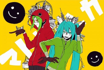 It's not exactly anime but vocaloid matryoshka
The vocaloid's wear cool hoodies under this label or whatnot 