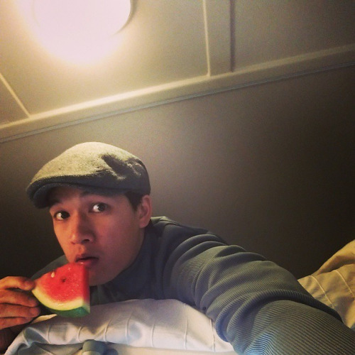  "In my trailer eating スイカ pretending to look caught off guard taking a selfie" Harry Shum Jr