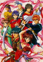 Fushigi Yuugi.
It is a reverse harem manga/anime,has a cross dressing character,has a red haired character,has lots of pretty boys in it,many characters get killed.

