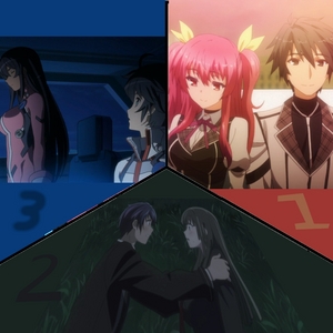  1: Stella Vermilion and Ikki Kurogane(Chivalry of a Failed Knight) 2: Rentaro Satomi and Kisara Tendo(Black Bullet) 3: Hana Mutō and Daichi Manatsu(Captain Earth)