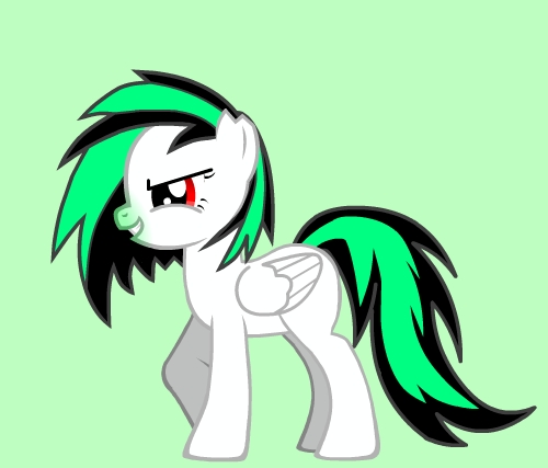Name: Thunder Dust
Coat: white
Mane & Tail: green and black
Personality: Nice and friendly, but likes to show off, and that can get annoying. Second fastest flyer in Ponyville, possibly Equestria. Dreams of one day beating Rainbow Dash in a race. (she's been close several times, but always ends up in second.) HATES Rainbow. HATES her. HATES. Loves music, as long as it's not some cheap boyband.

Work: Works in cloudsdale
Gender: Female
Cutie mark: A storming cloud, raining music notes.