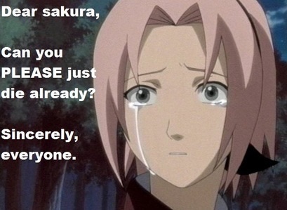  Sakura Haruno. Useless, worst friend ever, treats Naruto like crap, etc. I have so many plus reasons for hating her, but that's enough for now.