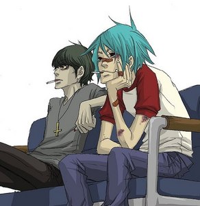 Honey, never in a million years.
2D is constantly abused by Murdoc and lives in fear of him.
Did you forget that he tried to leave the band but Murdoc kinda...kidnapped him?
Also, I'm pretty sure Murdoc doesn't like him in the <i>slightest</i>. And 2D isn't into guys (not entirely sure about Murdoc, to be honest).

And if they WERE together, you can bet your bottom dollar that it'd be an abusive hellhole of a relationship.