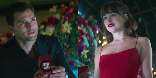 one of my other hotties,Jamie Dornan,in a scene from Fifty Shades Darker,proposing to Ana with hearts and flowers covering the room<3