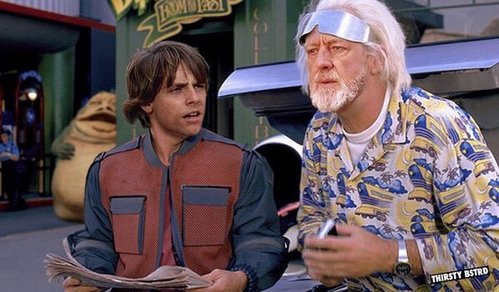  Sorry. I can only post a picture o a video to a fan club, never to any fan's profilo page! Therefore, I can only post a picture in this answer. Hope that's alright. So, here it is. This is a digitally altered picture of Marty McFly & Doc Brown swapping places with Luke Skywalker & Obi-Wan Kenobi. Hope te like this picture.