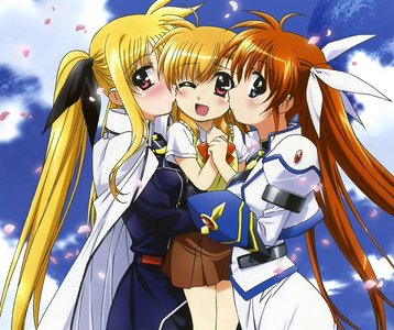  this probably the only Yuri couple here but here is Nanoha x Fate aka NanoFate from Mahou Shoujo Lyrical Nanoha. this so far the only yuri couple to have adopted a daughter and her name is Vivio Takamachi, taking Nanoha's last name.
