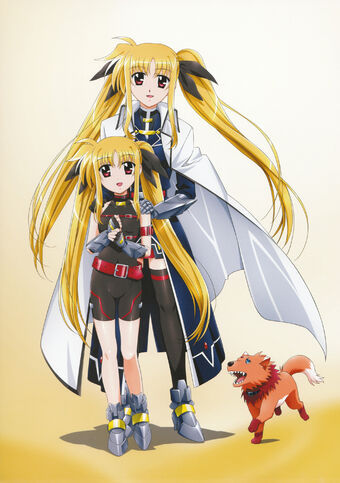 Fate Testarossa from Mahou Shoujo Lyrical Nanoha.
Precia Testarossa, who is Fate's mother, the antagonist for the first series died along with a Alicia Testarossa in the final episode by falling down the abyss when she was defeated by Nanoha and the others after that the relationship between Fate and Nanoha began after the first season.