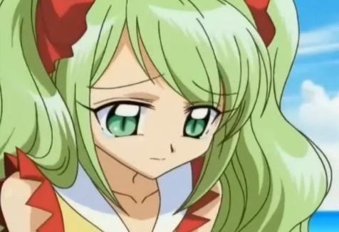 Post a picture of an アニメ character with green hair.