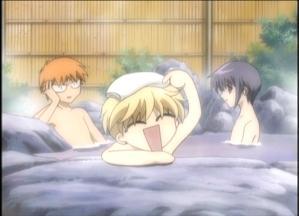  Post anime characters at a hot spring.