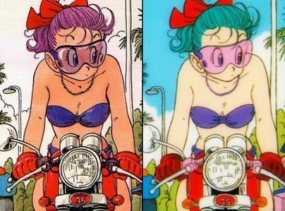  Does anybody know why Bulma has purple hair in the マンガ but blue hair in the anime?