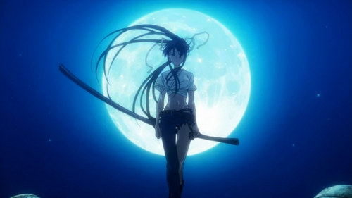 post an anime character standing in front of a moon