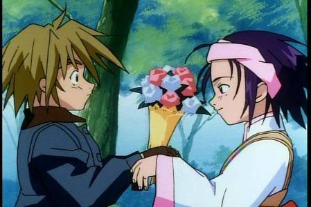 post a male anime character giving flowers to a girl