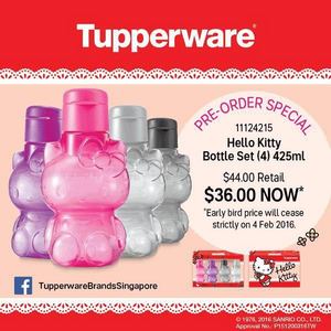 Any fans interested in Hello Kitty water bottles?        A set of 4 bottles for $36 only. This Special Price is only valid till 4 Feb 2016. Any orders after 4 Feb will be based on the Retail Price of $44 for the set. 