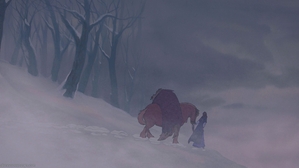 Belle carried him away on her horse through the falling snow. As she silently walked with Beast behind her, she couldn’t help but wonder who that monster was.