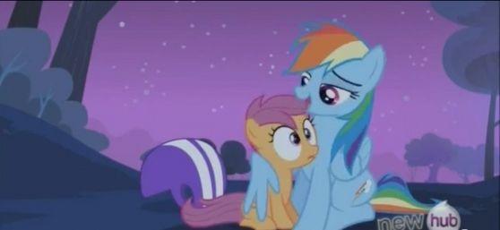  In the episode it can be inferred that Scootaloo is in fact an orphan. However, that all changes when 虹 takes Scootaloo under her wing.