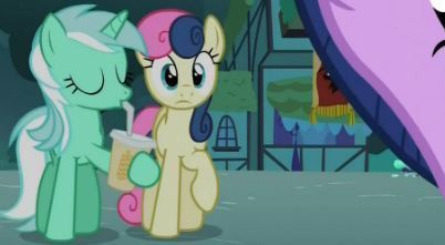 Lyra is seen in Magic Duel drinking some type of beverage out of a straw and Bon Bon is of course next to her.
