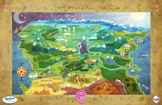  See the Badlands! Also some Mehr interesting stuff apparently yonder is where Drachen and griffons live. Horseshoe Bay, I sense sea ponies a coming! And the ponies just have to go to Vanhoover Hey maybe that's where Mrs. Faust's OC lives.