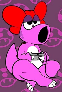 Birdo at home playing Super Mario 2, completely bored. She isn't used to Yoshi not being around!